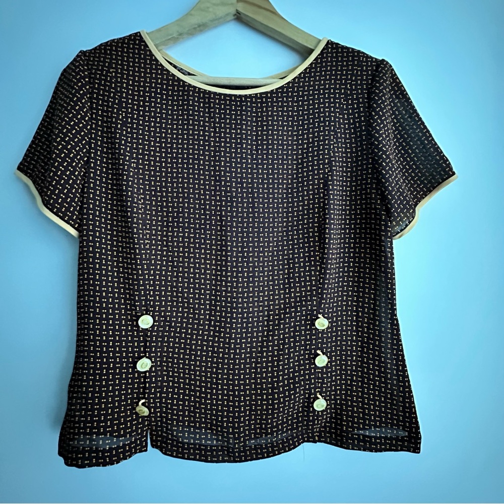 Vintage Elegant Brown and Yellow Women's Top With Shoulder Pads